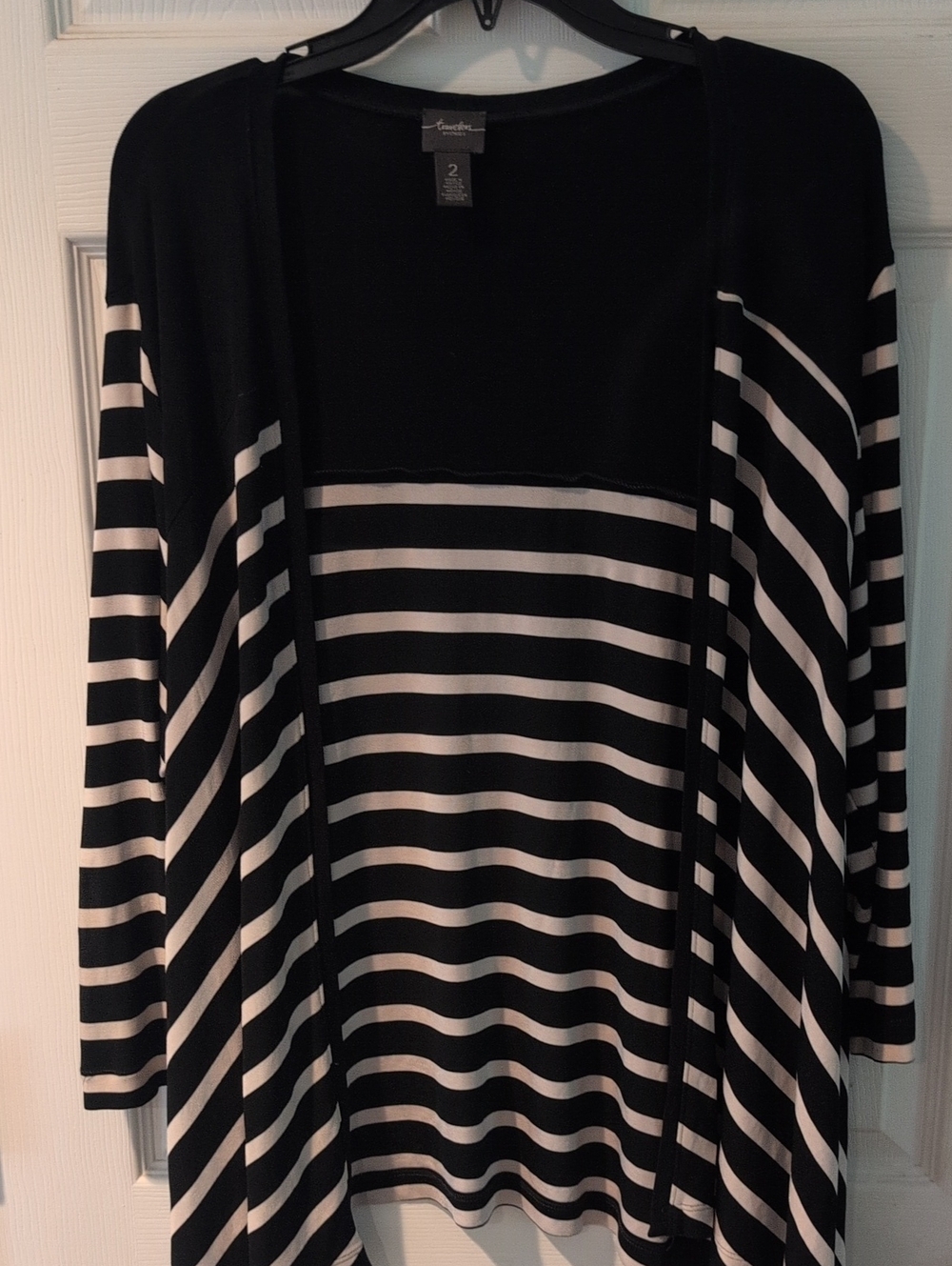 Chico's Black and Cream Striped Open-Front Cardigan
